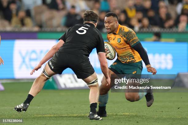 Samu Kerevi of the Wallabies runs with the ball during the The Rugby Championship & Bledisloe Cup match between the Australia Wallabies and the New...