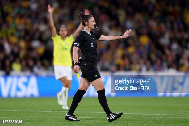 Referee Kate Jacewicz gestures during the FIFA Women's World Cup Australia & New Zealand 2023 Group F match between France and Brazil at Brisbane...