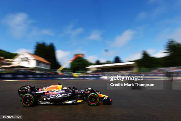 Max Verstappen of the Netherlands driving the Oracle Red Bull Racing RB19 on track during the Sprint Shootout ahead of the F1 Grand Prix of Belgium...