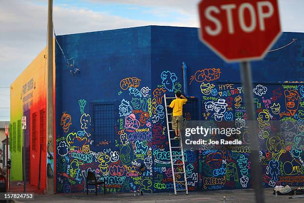 Artist, Carlos Black Pacifier, works on his painting on the wall of a building as he participates in the Wynwood Walls art project on December 6,...