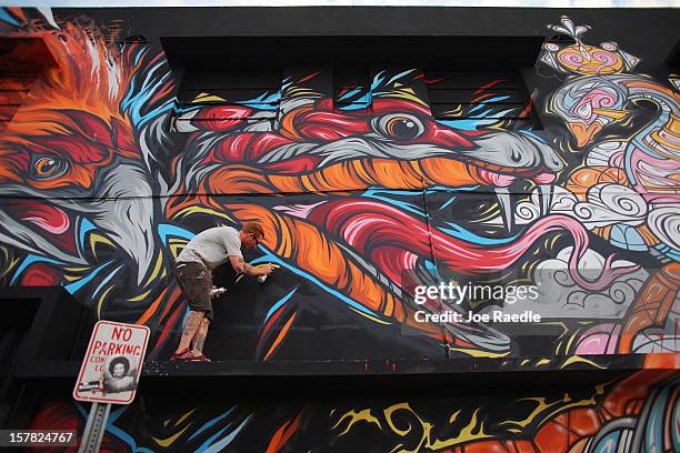 Artist known as Meggs paints on the wall of a building as he participates in the Wynwood Walls art project on December 6, 2012 in Miami, Florida. The...