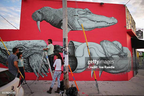 Artist, Alexis Diaz, stands on a ladder as he works on his painting on the wall of a building as he participates in the Wynwood Walls art project on...