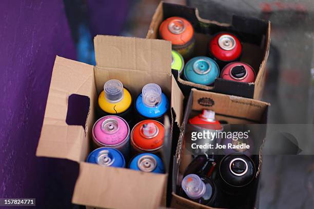 Box of spray paint is seen as artists paint on the walls of buildings as they participates in the Wynwood Walls art project on December 6, 2012 in...