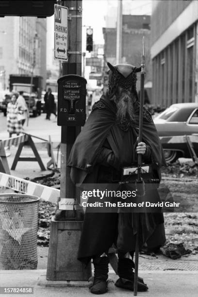 Blind composer, musician, poet and street performer Moondog poses for a portrait on May 3, 1967 near the corner of 52nd Street and Sixth Avenue, a...