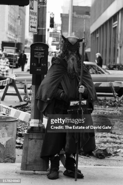 Blind composer, musician, poet and street performer Moondog poses for a portrait on May 3, 1967 near the corner of 52nd Street and Sixth Avenue, a...