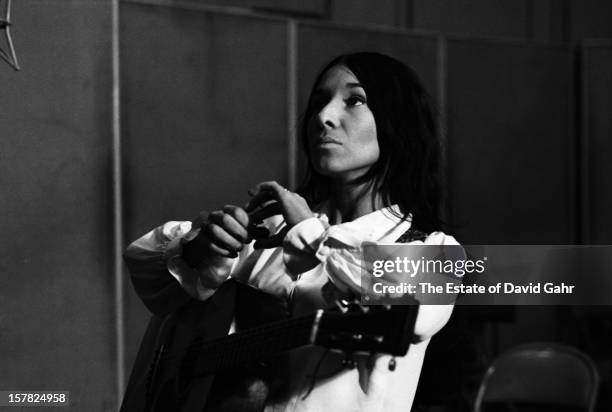 Singer songwriter Buffy Sainte-Marie recording on March 2, 1966 in the studios of Vanguard Records in New York City, New York.