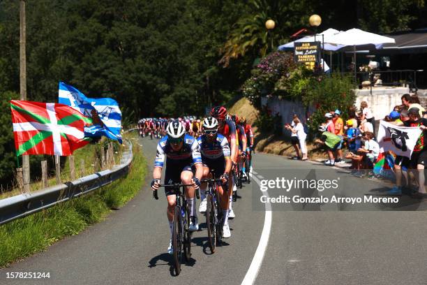 Rémi Cavagna of France and Julian Alaphilippe of France and Team Soudal - Quick Step lead the peloton during the 43rd Donostia San Sebastian Klasikoa...