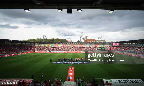 General view of the stadium prior to the 3. Liga match between Hallescher FC and Rot-Weiss Essen at Leuna-Chemie-Stadion on August 4, 2023 in Halle,...
