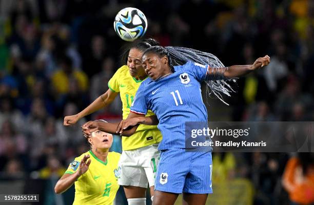 Kadidiatou Diani of France and Adriana of Brazil compete for the ball during the FIFA Women's World Cup Australia & New Zealand 2023 Group F match...