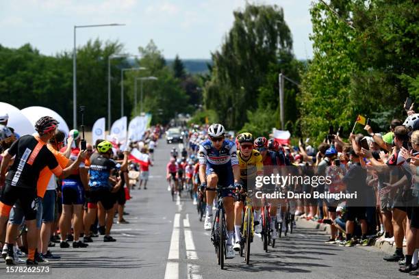 Josef Černý of Czech Republic and Team Soudal - Quick Step and Sam Oomen of The Netherlands and Team Jumbo-Visma lead the peloton during the 80th...