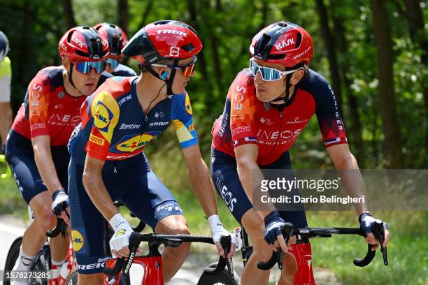 Antwan Tolhoek of The Netherlands and Team Lidl - Trek and Geraint Thomas of The United Kingdom and Team INEOS Grenadiers compete during the 80th...
