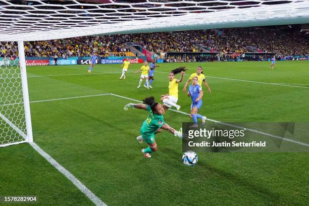 Eugenie Le Sommer of France heads to score her team's first goal past Leticia of Brazil during the FIFA Women's World Cup Australia & New Zealand...