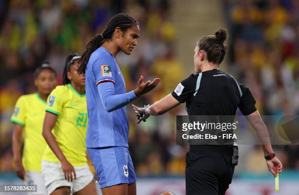 Referee Kate Jacewicz talks with Wendie Renard of France during the FIFA Women's World Cup Australia & New Zealand 2023 Group F match between France...