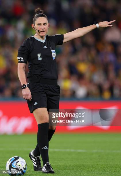 Referee Kate Jacewicz gestures during the FIFA Women's World Cup Australia & New Zealand 2023 Group F match between France and Brazil at Brisbane...