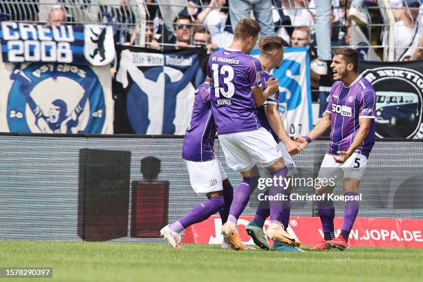 Erik Engelhardt of Osnabrueck celebrates the first goal with Bashkim Ajdini of Osnabrueck during the Second Bundesliga match between VfL Osnabrück...