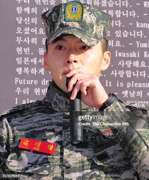 Hyun Bin is seen after being discharged from the military service at Headquarters Marine Corps on December 6, 2012 in Gyeonggi-do, South Korea.