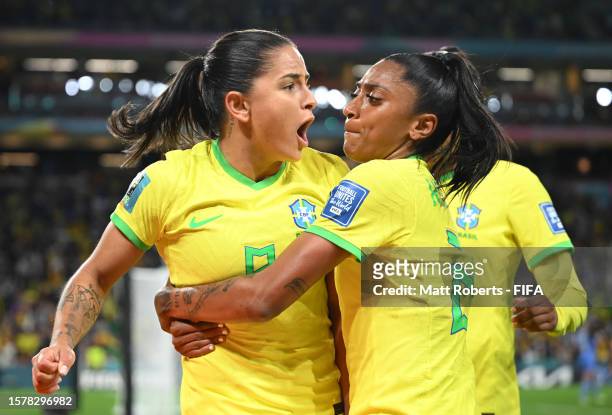 Debinha of Brazil celebrates with teammate Kerolin after scoring her team's first goal during the FIFA Women's World Cup Australia & New Zealand 2023...