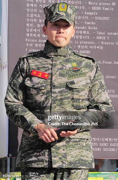 Hyun Bin is seen after being discharged from the military service at Headquarters Marine Corps on December 6, 2012 in Gyeonggi-do, South Korea.