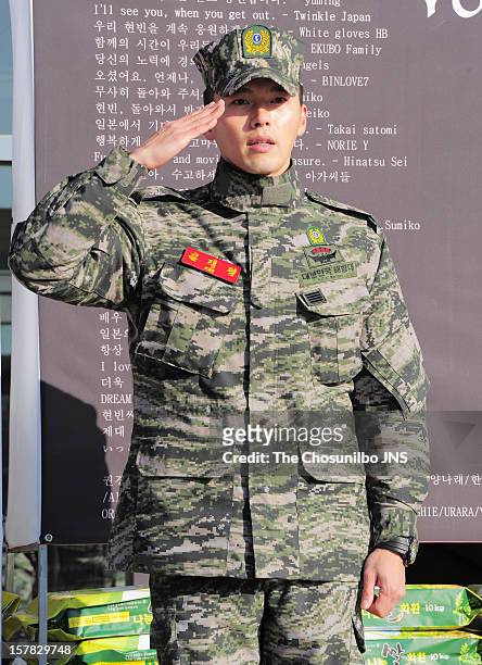 Hyun Bin is seen after being discharged from the military service at Headquarters Marine Corps on December 6, 2012 in Gyeonggi-do, South Korea.