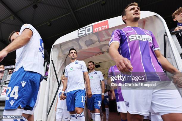 Lars Stindl of Karlsruhe and Robert Tesche of Osnabrueck enter the pitch prior to the Second Bundesliga match between VfL Osnabrück and Karlsruher SC...