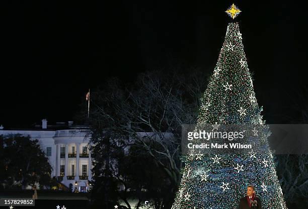 President Barack Obama speaks during the annual lighting of the National Christmas tree on December 6, 2012 in Washington, DC. This year is the 90th...