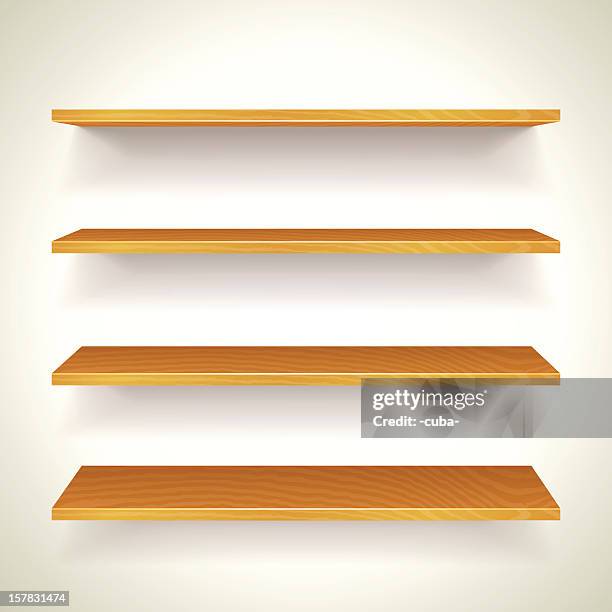 four wooden bookshelves on one another attached to a wall - bookshelf background stock illustrations