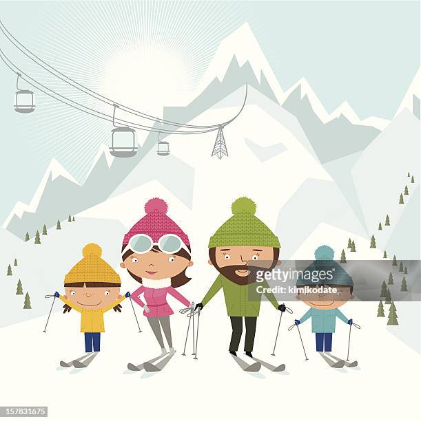 stockillustraties, clipart, cartoons en iconen met cartoon style depiction of skiing family - couple ski lift