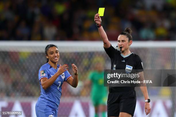 Sakina Karchaoui of France is shown a yellow card by Referee Kate Jacewicz during the FIFA Women's World Cup Australia & New Zealand 2023 Group F...