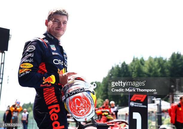 Sprint Shootout fastest qualifier Max Verstappen of the Netherlands and Oracle Red Bull Racing looks on in parc ferme during the Sprint Shootout...