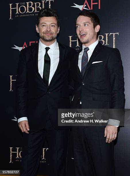 Andy Serkis and Elijah Wood attend "The Hobbit: An Unexpected Journey" New York premiere benefiting AFI at Ziegfeld Theater on December 6, 2012 in...