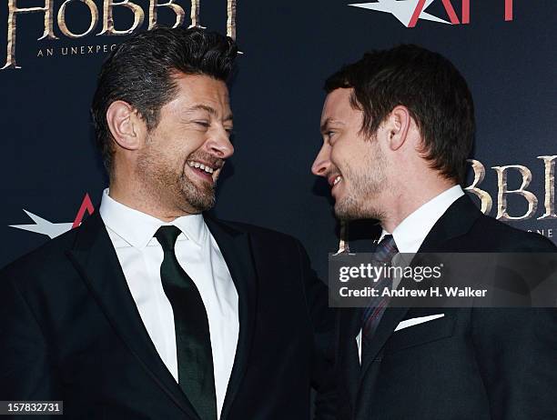 Andy Serkis and Elijah Wood attend "The Hobbit: An Unexpected Journey" New York premiere benefiting AFI at Ziegfeld Theater on December 6, 2012 in...