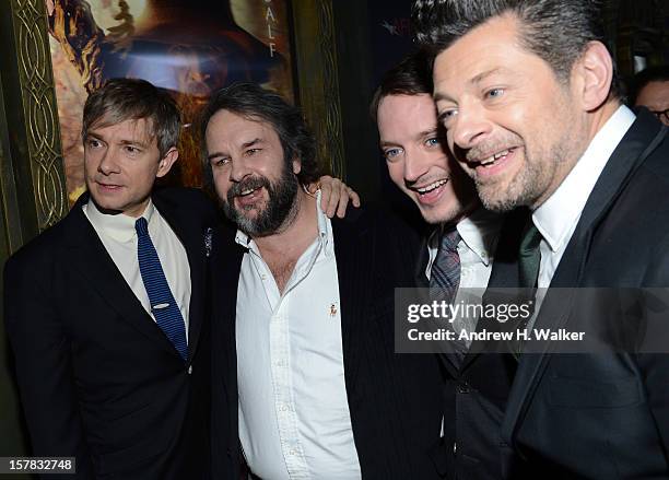 Actor Martin Freeman, filmmaker Peter Jackson, and actors Elijah Wood and Andy Serkis attend "The Hobbit: An Unexpected Journey" New York premiere...