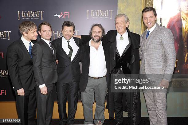 Martin Freeman, Elijah Wood, Andy Serkis, Sir Peter Jackson, Sir Ian McKellen, and Richard Armitage attend "The Hobbit: An Unexpected Journey" New...