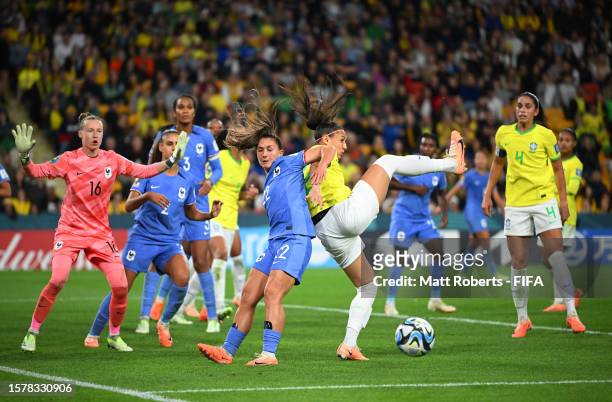 Bia Zaneratto of Brazil and Eve Perisset of France compete for the ball during the FIFA Women's World Cup Australia & New Zealand 2023 Group F match...