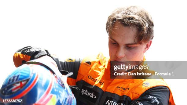 Sprint Shootout second fastest qualifier Oscar Piastri of Australia and McLaren looks on in parc ferme during the Sprint Shootout ahead of the F1...