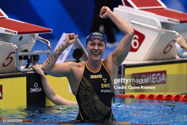 Sarah Sjoestroem of Team Sweden celebrates winning gold in the in the Women's 50m Butterfly Final on day seven of the Fukuoka 2023 World Aquatics...