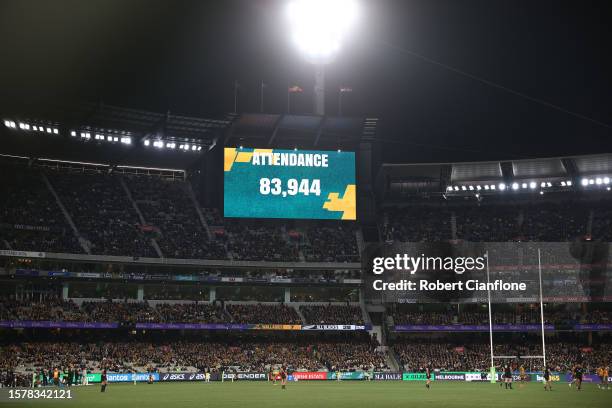 The attendance figure is shown during the The Rugby Championship & Bledisloe Cup match between the Australia Wallabies and the New Zealand All Blacks...