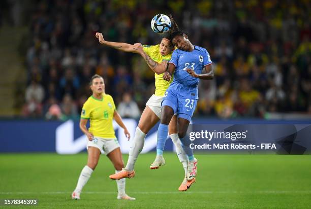 Bia Zaneratto of Brazil and Vicki Becho of France compete for the ball during the FIFA Women's World Cup Australia & New Zealand 2023 Group F match...