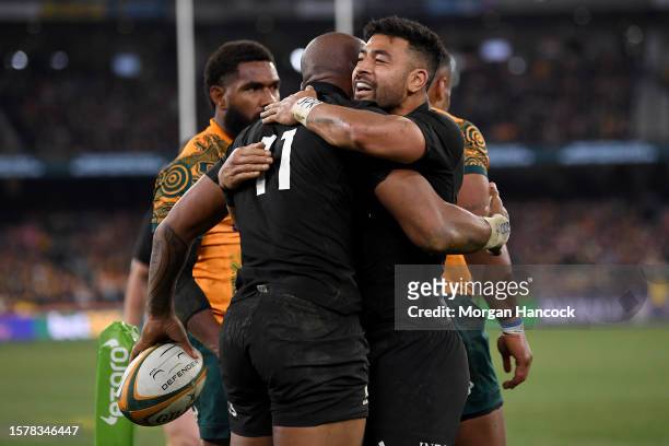 Mark Telea of the All Blacks celebrates scoring a try during the The Rugby Championship & Bledisloe Cup match between the Australia Wallabies and the...