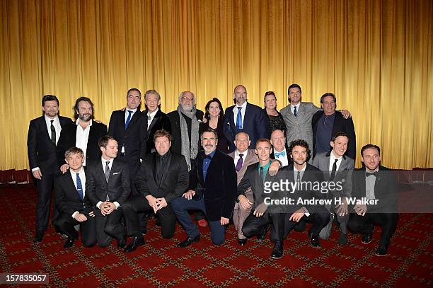 The cast and crew of The Hobbit pose onstage at "The Hobbit: An Unexpected Journey" New York premiere benefiting AFI at Ziegfeld Theater on December...