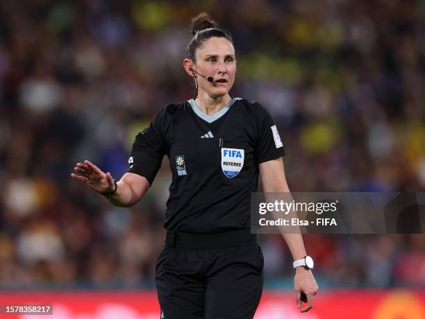 Referee Kate Jacewicz is seen during the FIFA Women's World Cup Australia & New Zealand 2023 Group F match between France and Brazil at Brisbane...