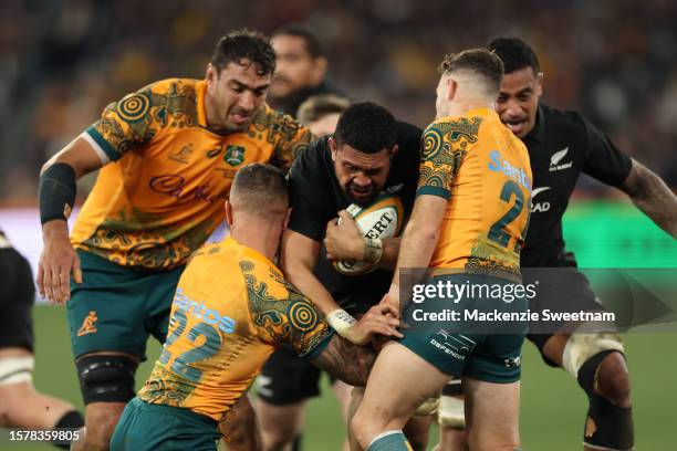 Ardie Savea of the All Blacks is tackled during the The Rugby Championship & Bledisloe Cup match between the Australia Wallabies and the New Zealand...