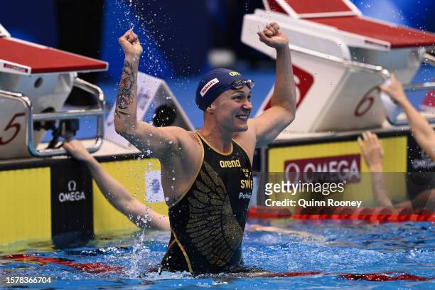 Sarah Sjoestroem of Team Sweden celebrates winning gold in the in the Women's 50m Butterfly Final on day seven of the Fukuoka 2023 World Aquatics...