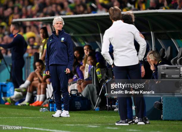 Herve Renard, Head Coach of France, and Pia Sundhage, Head Coach of Brazil, are seen after the FIFA Women's World Cup Australia & New Zealand 2023...