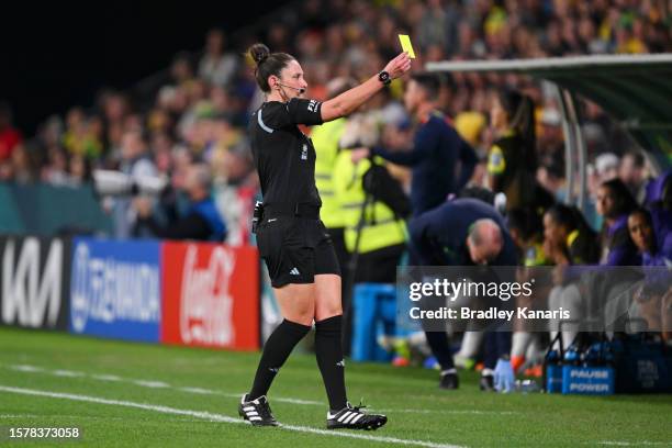 Referee Kate Jacewicz shows a yellow card to Herve Renard, Head Coach of France during the FIFA Women's World Cup Australia & New Zealand 2023 Group...