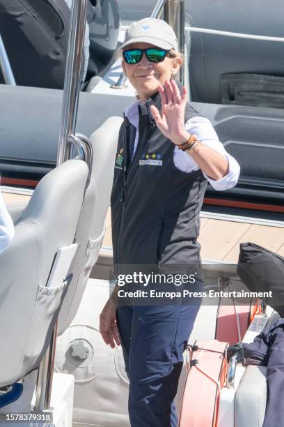 Infanta Elena climbs aboard a boat to accompany her father while he sails "El Bribon", on July 29 in Sanxenxo, Pontevedra, Galicia, Spain. The King...