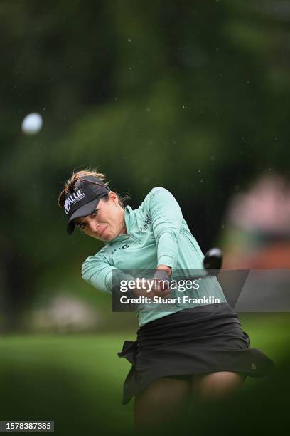 Gaby Lopez of Mexico plays her second shot on the 18th hole during the Third Round of the Amundi Evian Championship at Evian Resort Golf Club on July...