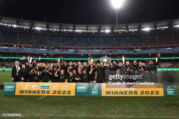 The All Black celebrate after they defeated the Wallabies during the The Rugby Championship & Bledisloe Cup match between the Australia Wallabies and...