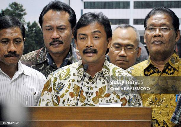 Sport Minister Andi Mallarangeng speaks during a press conference in Jakarta on December 7, 2012 to announce his resignation and becomes the first...