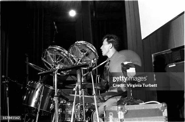 Drummer Kenny Hyslop performs on stage with Scottish rock band Simple Minds at Edinburgh Odeon, Scotland, 27th August 1981.